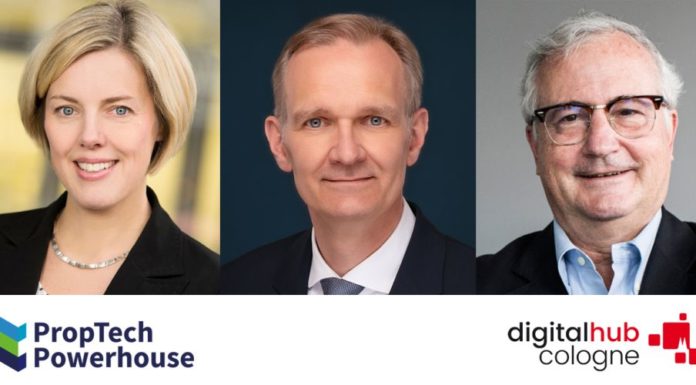 Übernahme des Digital Hub Cologne Christine Damke (Vorstandsvorsitzende PropTech Powerhouse e.V.), Thomas Bungard (Geschäftsführer Digital Hub Cologne GmbH), Dr. Rainer Minz (Rektoratsbeauftragter Universität zu Köln) (v.l.n.r.)