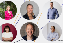 Johanna Antonie Tjaden- Schulte (NRW.Bank), Barbara Dombay (BayStartUP), Markus Lehmann (IBB Ventures), Katja Ruhnke (BAND), Christian Meermann (Cherry Ventures) & Christoph J. Stresing (Startup-Verband)