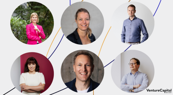 Johanna Antonie Tjaden- Schulte (NRW.Bank), Barbara Dombay (BayStartUP), Markus Lehmann (IBB Ventures), Katja Ruhnke (BAND), Christian Meermann (Cherry Ventures) & Christoph J. Stresing (Startup-Verband)