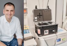 Dr. Bernd Mühlenweg, CBO & CFO Cellbox Solutions GmbH (l.), Rechts im Bild: Die transportablen CO₂-Inkubatoren von Cellbox™ ermöglichen den sicheren Transport lebender Zellproben unter kontrollierten physiologischen Bedingungen. (c) Cellbox Solutions GmbH