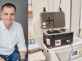 Dr. Bernd Mühlenweg, CBO & CFO Cellbox Solutions GmbH (l.), Rechts im Bild: Die transportablen CO₂-Inkubatoren von Cellbox™ ermöglichen den sicheren Transport lebender Zellproben unter kontrollierten physiologischen Bedingungen. (c) Cellbox Solutions GmbH