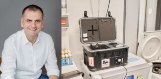 Dr. Bernd Mühlenweg, CBO & CFO Cellbox Solutions GmbH (l.), Rechts im Bild: Die transportablen CO₂-Inkubatoren von Cellbox™ ermöglichen den sicheren Transport lebender Zellproben unter kontrollierten physiologischen Bedingungen. (c) Cellbox Solutions GmbH