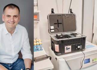 Dr. Bernd Mühlenweg, CBO & CFO Cellbox Solutions GmbH (l.), Rechts im Bild: Die transportablen CO₂-Inkubatoren von Cellbox™ ermöglichen den sicheren Transport lebender Zellproben unter kontrollierten physiologischen Bedingungen. (c) Cellbox Solutions GmbH