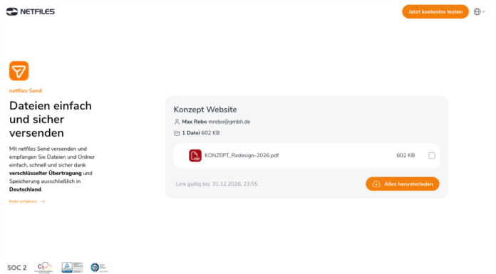 netfiles bietet Business-Filesharing-Lösung für sicheren Datentransfer Empfänger erhalten Ihre Dateien ganz einfach: Ohne Konto, ohne Registrierung, ohne Hürden. (c) netfiles