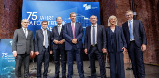 Hans Peter Göttler (Stv. LfA-Vorstandsvorsitzender), Dr. Bernhard Schwab (LfA-Vorstandvorsitzender), Albert Füracker (Staatsminister der Finanzen und für Heimat), Dr. Markus Söder (Bayerischer Ministerpräsident), Hubert Aiwanger (Staatsminister für Wirtschaft, Landesentwicklung und Energie, LfA-Verwaltungsratsvorsitzender), Ulrike Scharf (Staatsministerin für Familie, Arbeit und Soziales, Mitglied im LfA-Verwaltungsrat) und Stefan Höck (LfA-Vorstandsmitglied) (v.l.n.r.) c) LfA