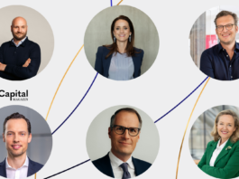 Christian Miele (Headline), Verena Pausder (Startup-Verband), Jan Miczaika (HV Capital), Stefan Maassen (Deutsche Börse), Tibor Kossa (Goldman Sachs) & Nadia Calviño (EIB)